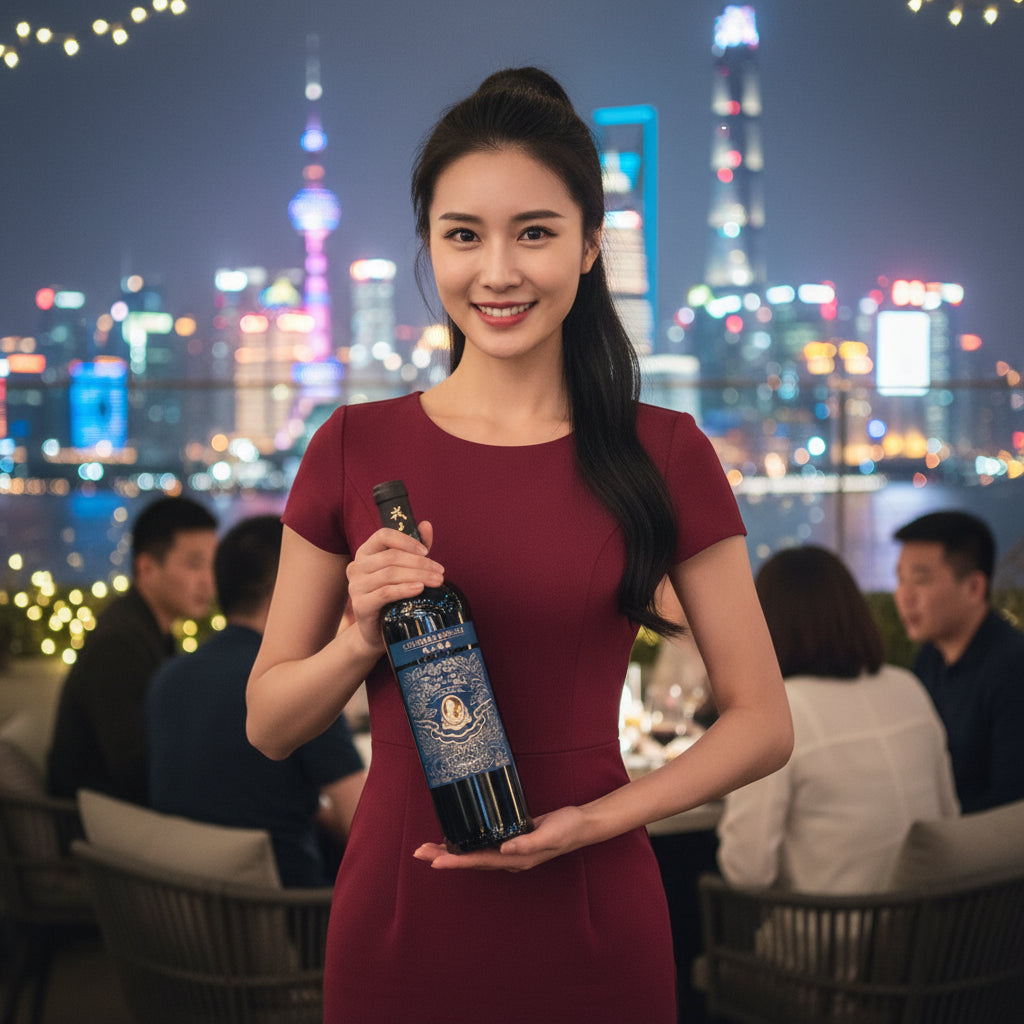 Load image into Gallery viewer, Woman in a red dress holding a bottle of Chateau Rongzi Petit Blue Label 
wine with a city skyline in the background
