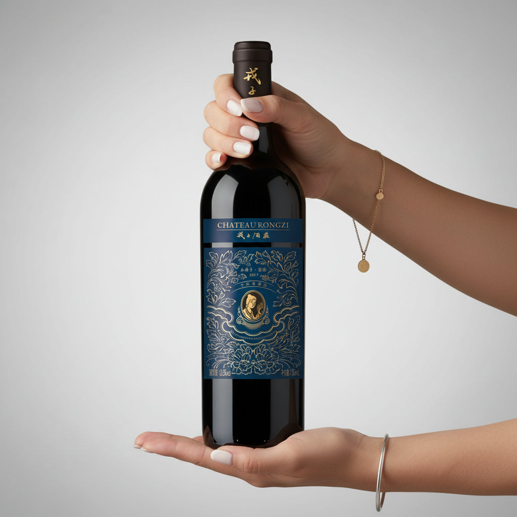 Load image into Gallery viewer, A woman's hands holding a bottle of Chateau Rongzi Petit Blue Label wine against a gray background
