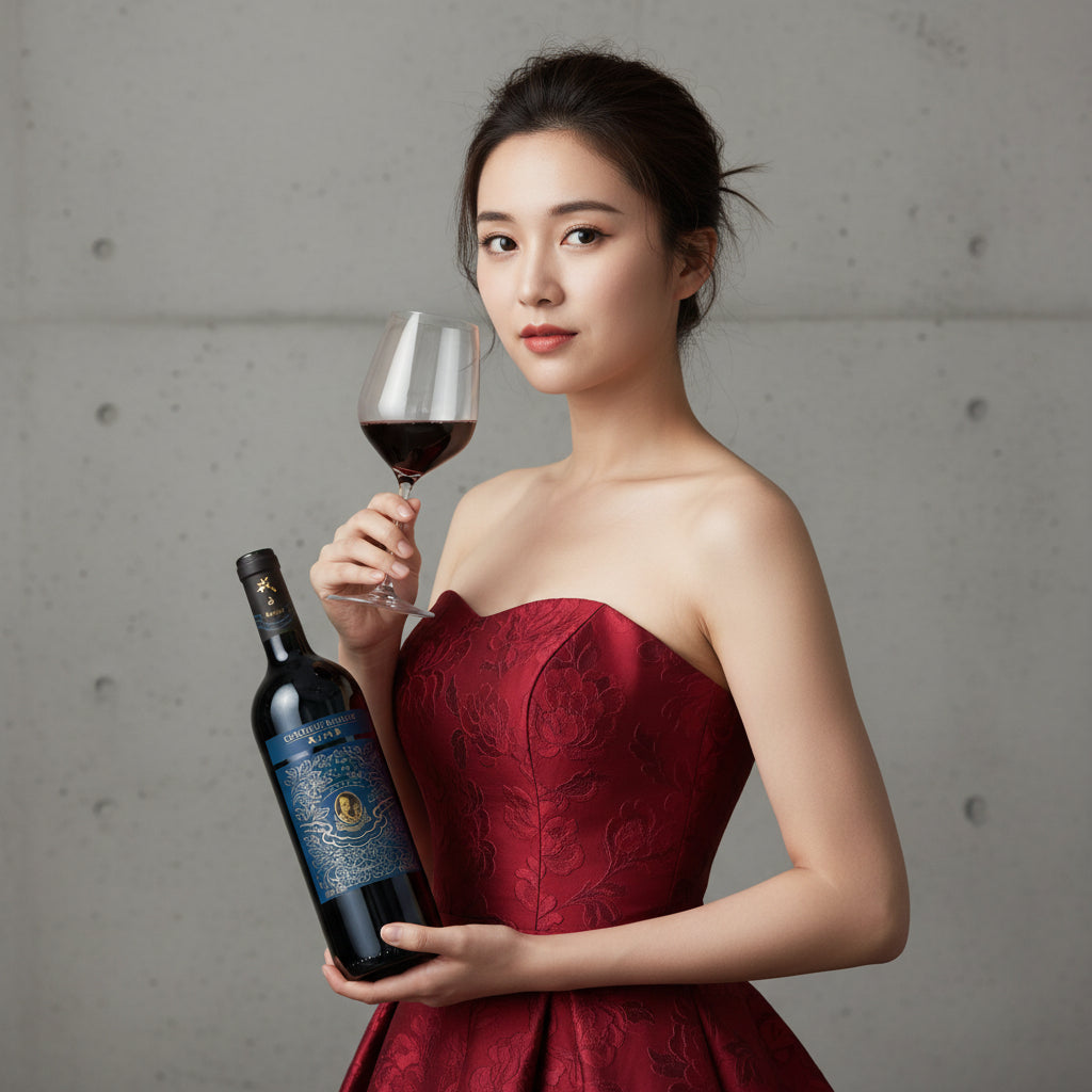 Load image into Gallery viewer, Woman in a red dress holding a Chateau Rongzi Petit Blue Label bottle and glass of red wine against a gray background