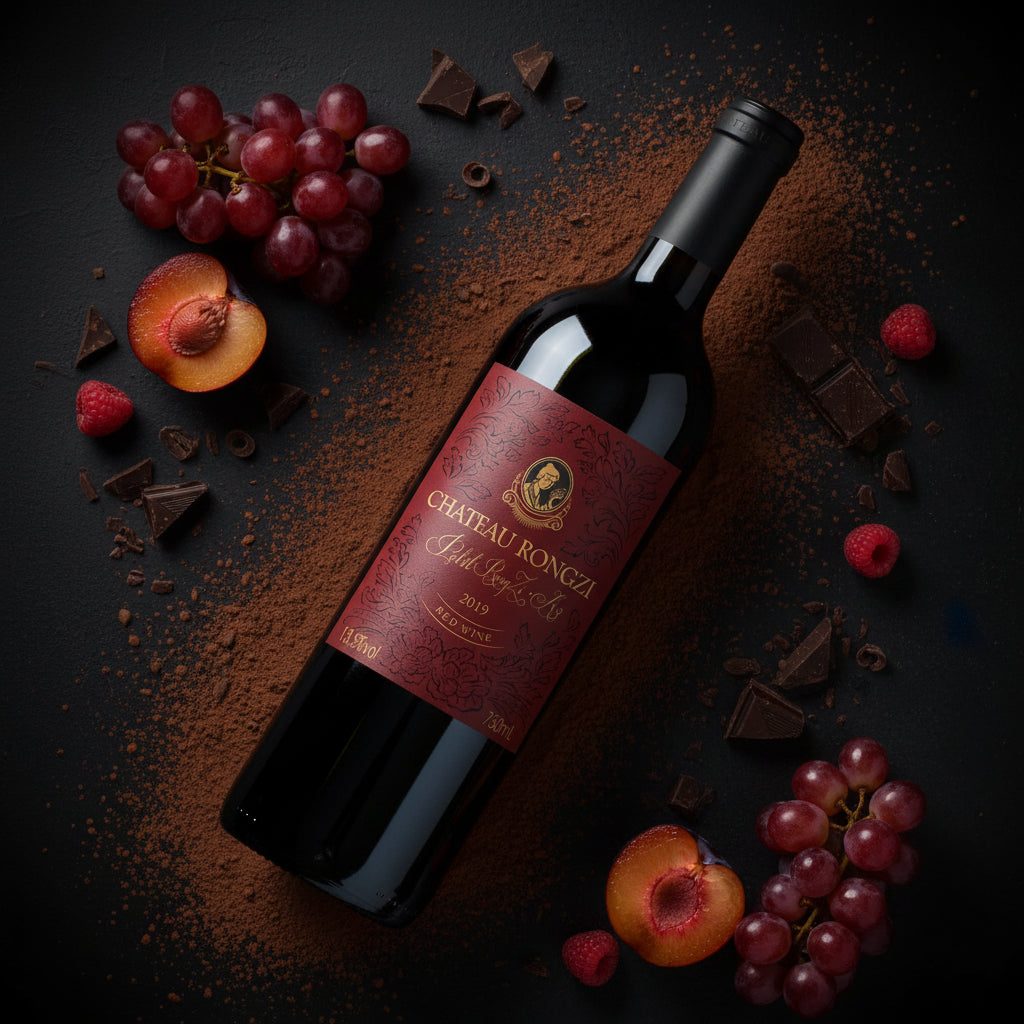 Load image into Gallery viewer, Bottle of Chateau Rongzi Petit Red Label wine surrounded by fruits and chocolate on a dark surface