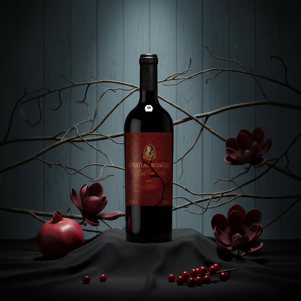 Load image into Gallery viewer, Chateau Rongzi Petit Red Label wine bottle with a dark label on a dark surface with decorative elements