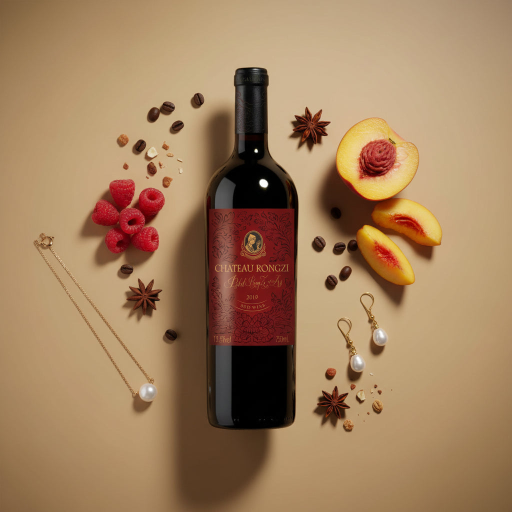 Load image into Gallery viewer, Chateau Rongzi Petit Red Label wine bottle with decorative elements on a beige background