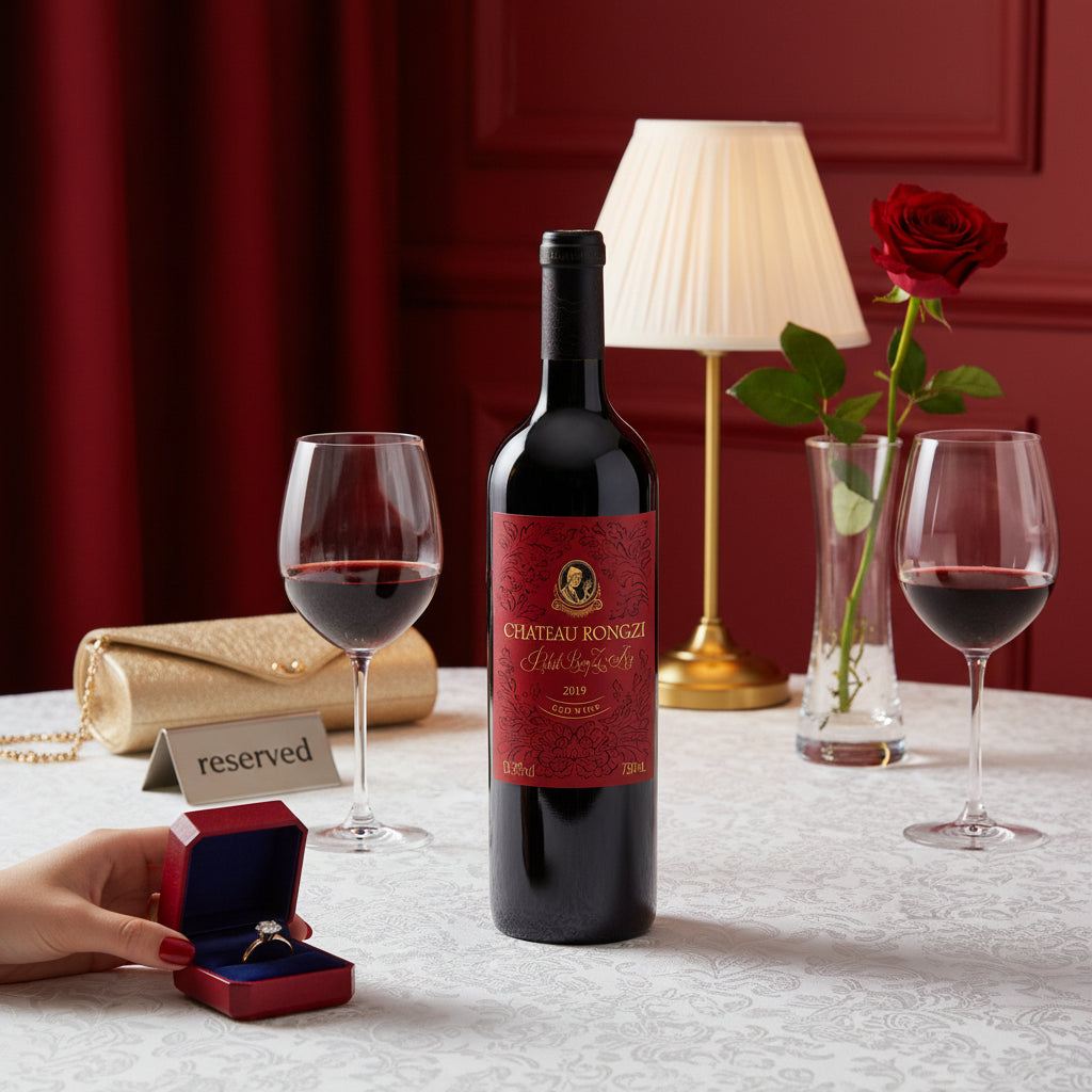 Load image into Gallery viewer, Bottle of Chateau Rongzi Petit Red Label wine with two glasses, a rose, and a hand holding a ring box on a table.
