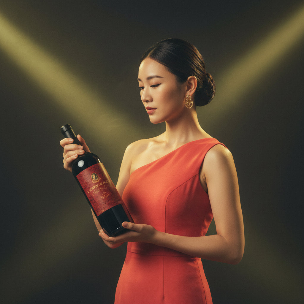 Load image into Gallery viewer, Woman in a red dress holding a Chateau Rongzi Petit Red Label wine bottle against a dark background