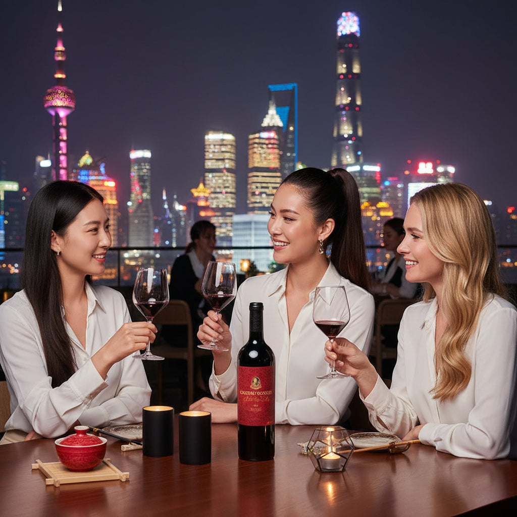 Load image into Gallery viewer, Three women enjoying a bottle of Chateau Rongzi Petit Red Label wine with a city skyline in the background