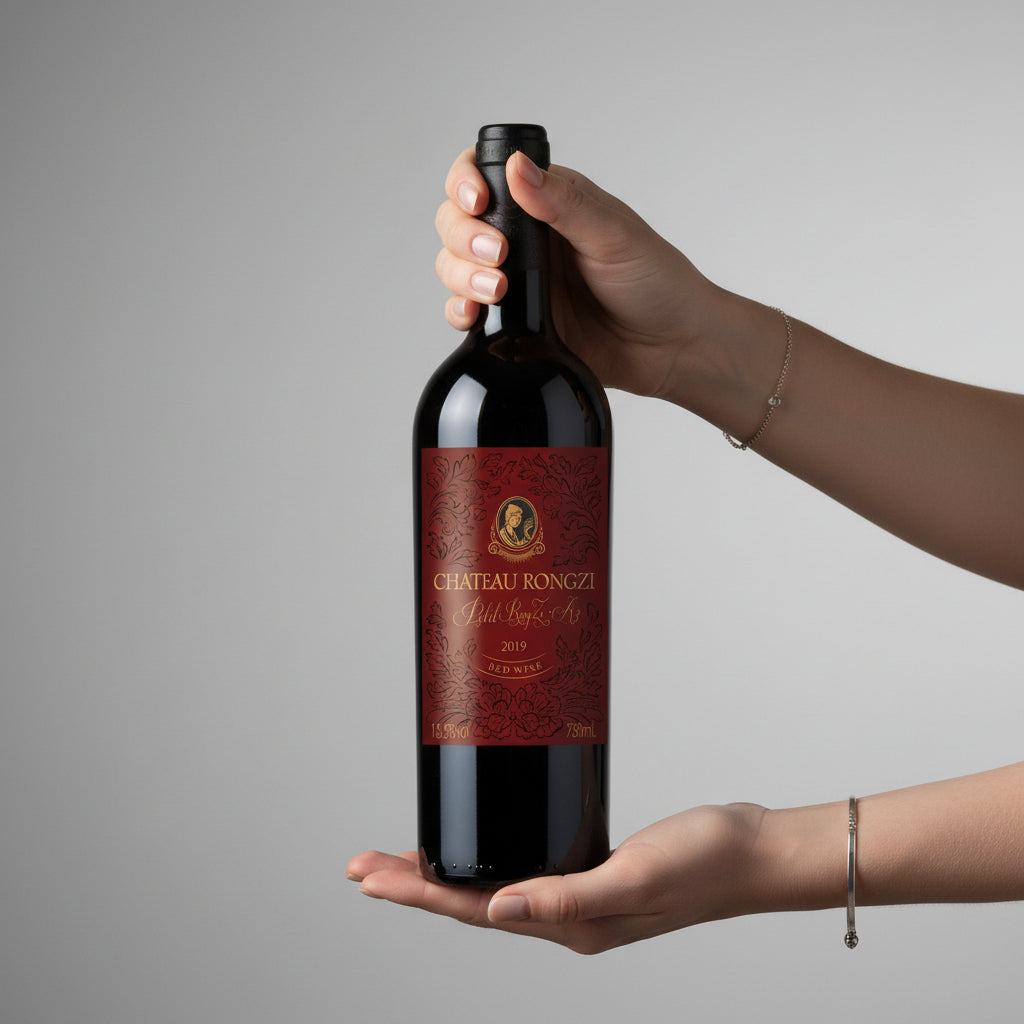 Load image into Gallery viewer, Hand holding a bottle of Chateau Rongzi Petit Red Label wine against a grey background