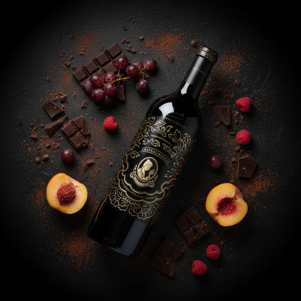 Load image into Gallery viewer, Chateau Rongzi Proprietors Reserve red wine bottle with decorative label surrounded by fruits and chocolate on a dark surface