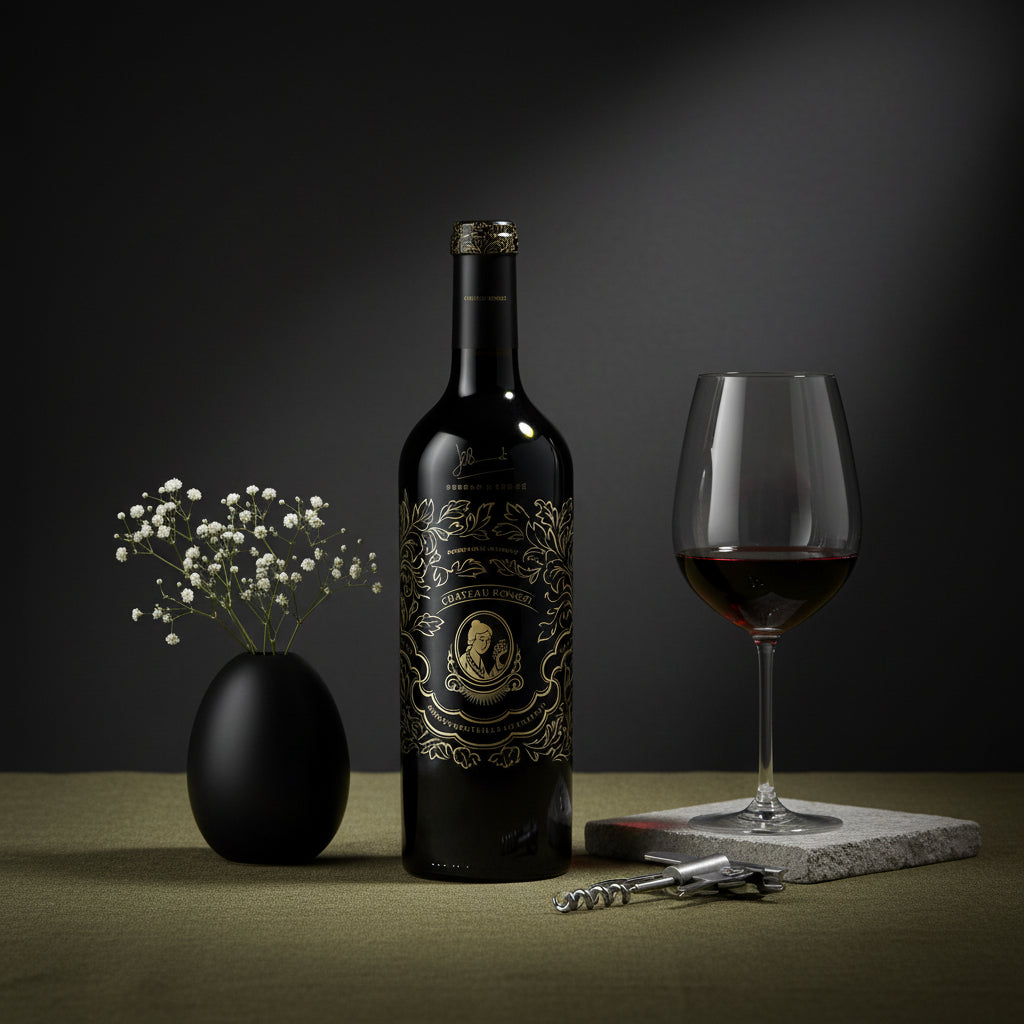 Load image into Gallery viewer, A bottle of Chateau Rongzi Proprietors Reserve red wine, glass of red wine, and flowers on a dark background