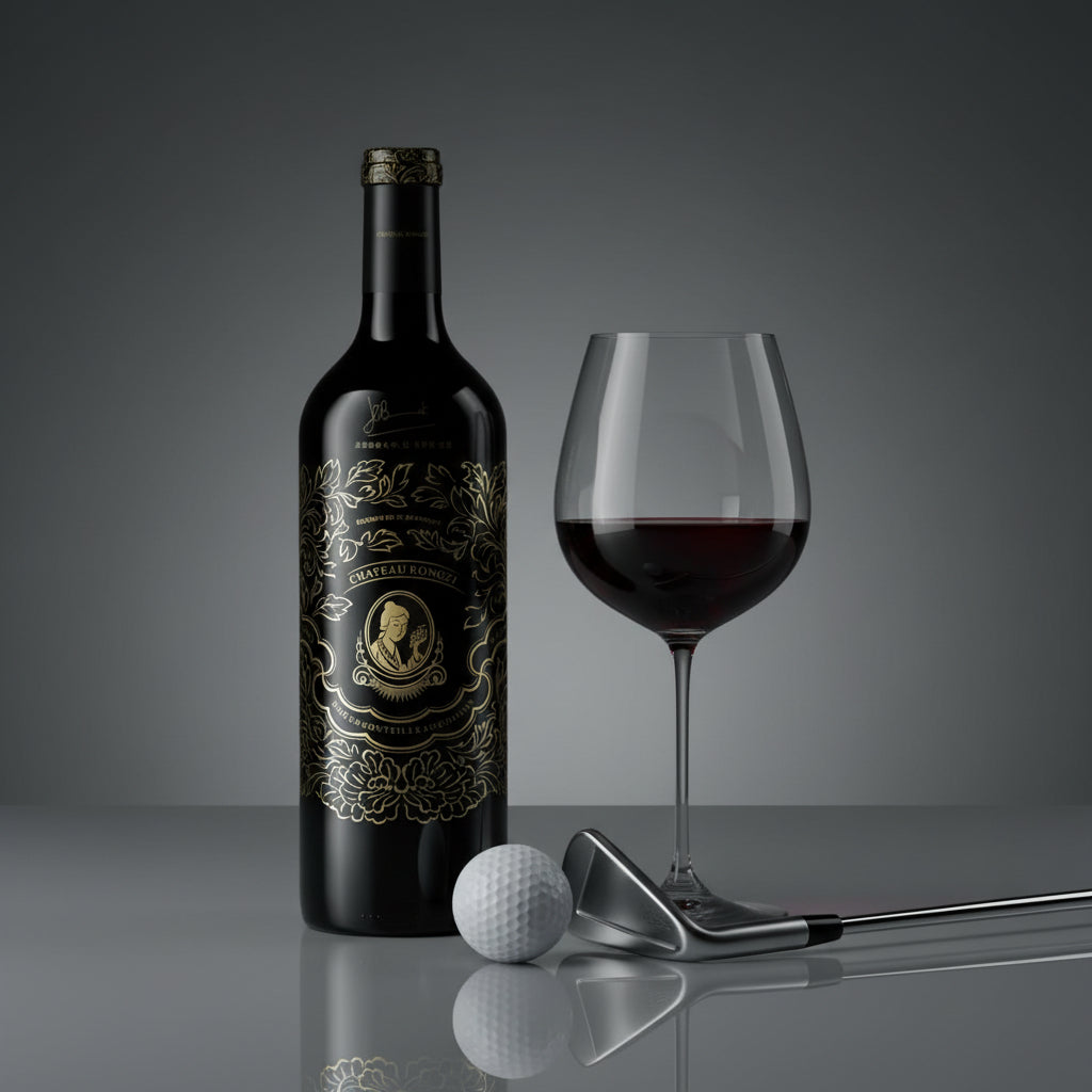 Load image into Gallery viewer, Chateau Rongzi Proprietors Reserve red wine bottle with intricate label, glass of red wine, golf ball, and club on a reflective surface.