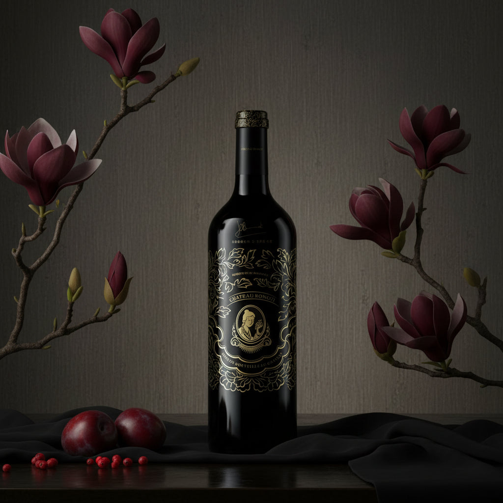 Load image into Gallery viewer, Chateau Rongzi Proprietors Reserve red wine bottle with decorative label on a dark surface with flowers and fruits