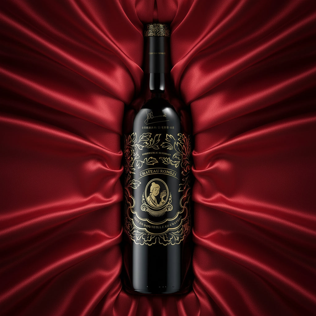 Load image into Gallery viewer, Chateau Rongzi Proprietors Reserve red wine bottle with decorative label on a red satin background