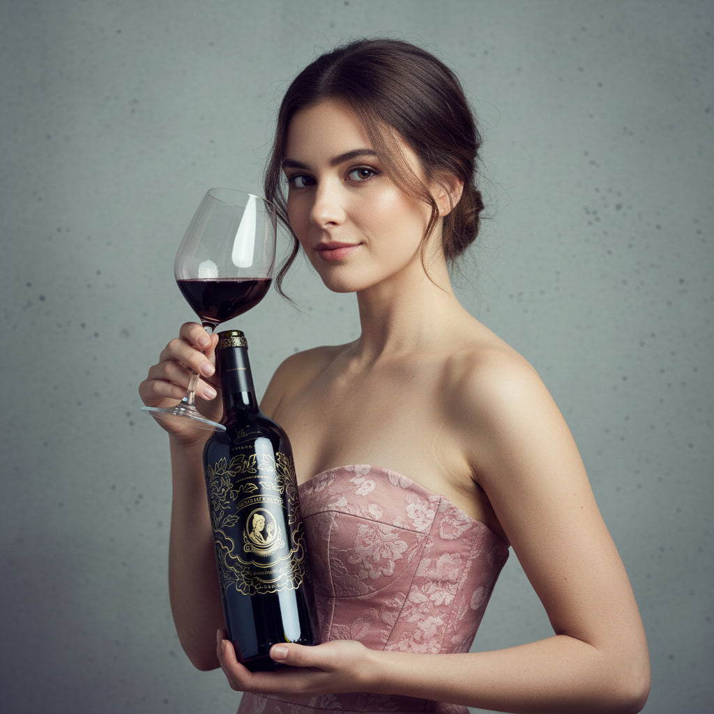 Load image into Gallery viewer, Woman holding a Chateau Rongzi Proprietors Reserve red wine bottle and glass of red wine against a gray background