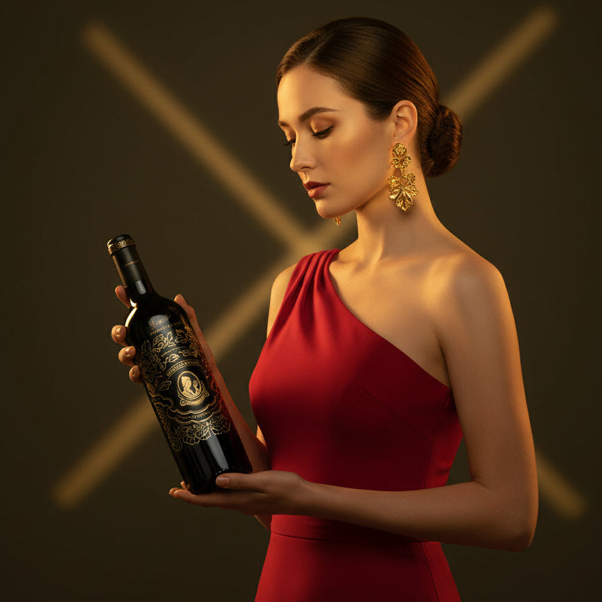 Load image into Gallery viewer, Woman in a red dress holding a Chateau Rongzi Proprietors Reserve red wine bottle against a dark background