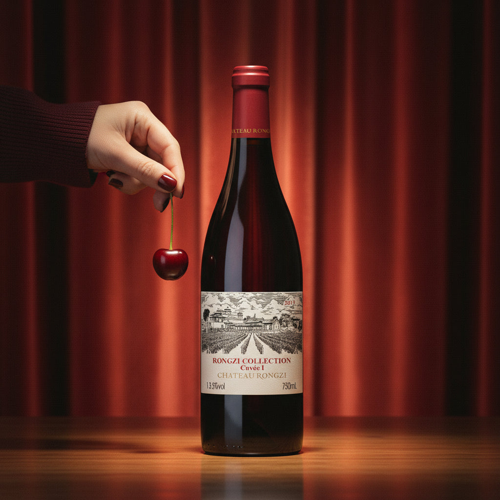 Load image into Gallery viewer, Bottle of Chateau Rongzi COLLECTION Cuvée I red wine with a cherry being held above it against a red curtain background