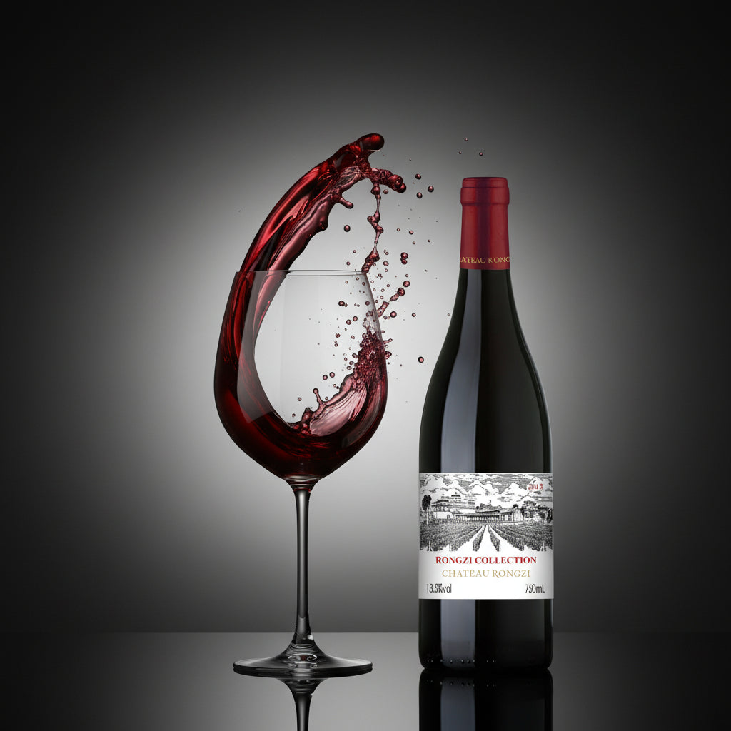 Load image into Gallery viewer, Bottle of Chateau Rongzi COLLECTION Cuvée I red wine with a glass of red wine splashing out on a dark background