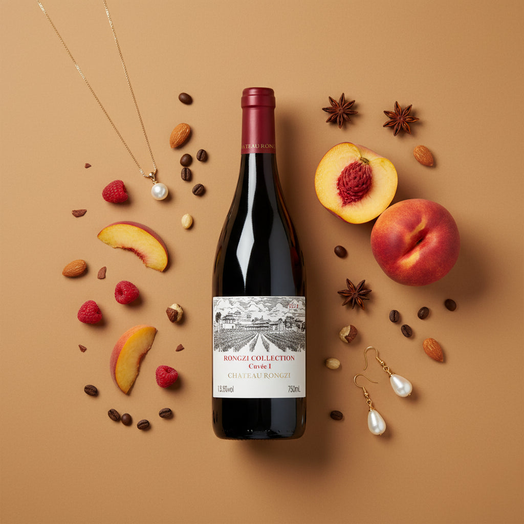 Load image into Gallery viewer, Bottle of Chateau Rongzi COLLECTION Cuvée I red wine with fruit and jewellery on a brown background