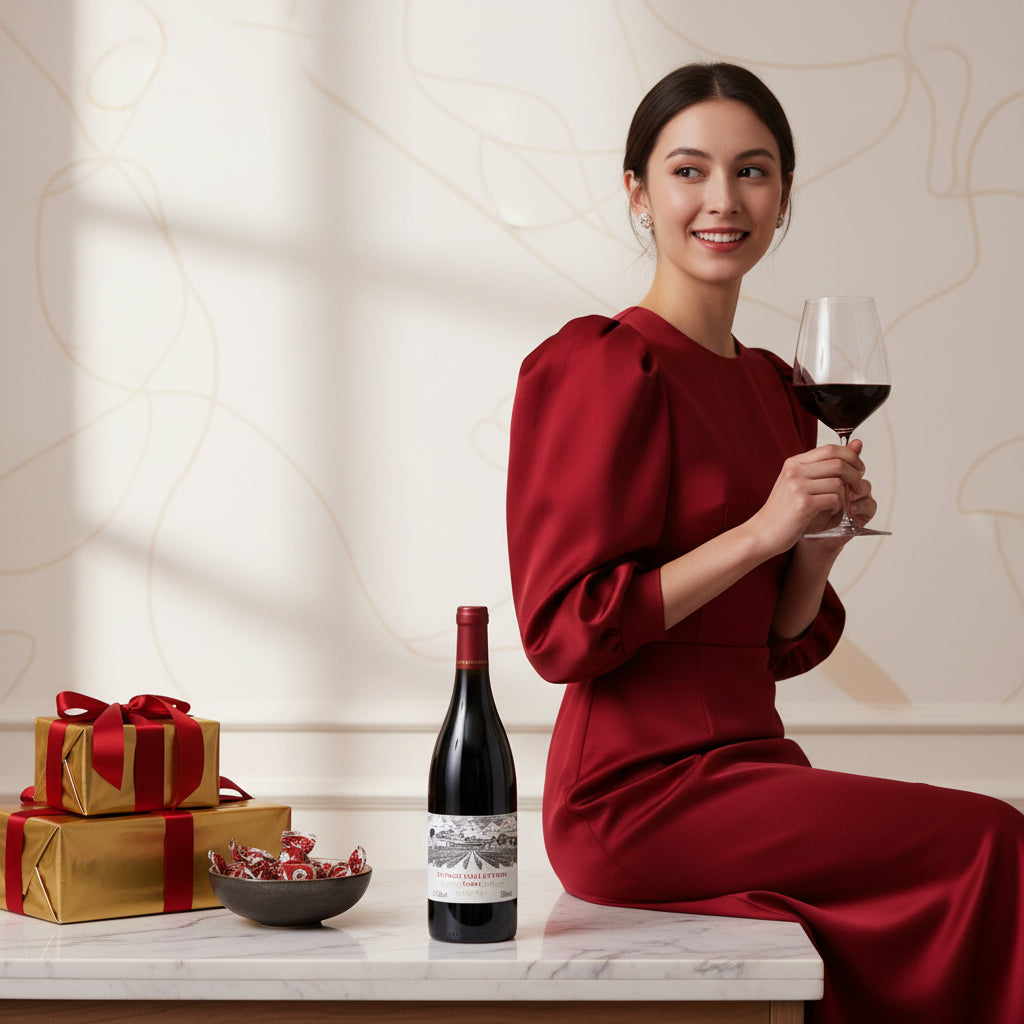 Load image into Gallery viewer, Woman in a red dress holding a glass of wine with a bottle of Chateau Rongzi COLLECTION Cuvée I and gift boxes on a table.