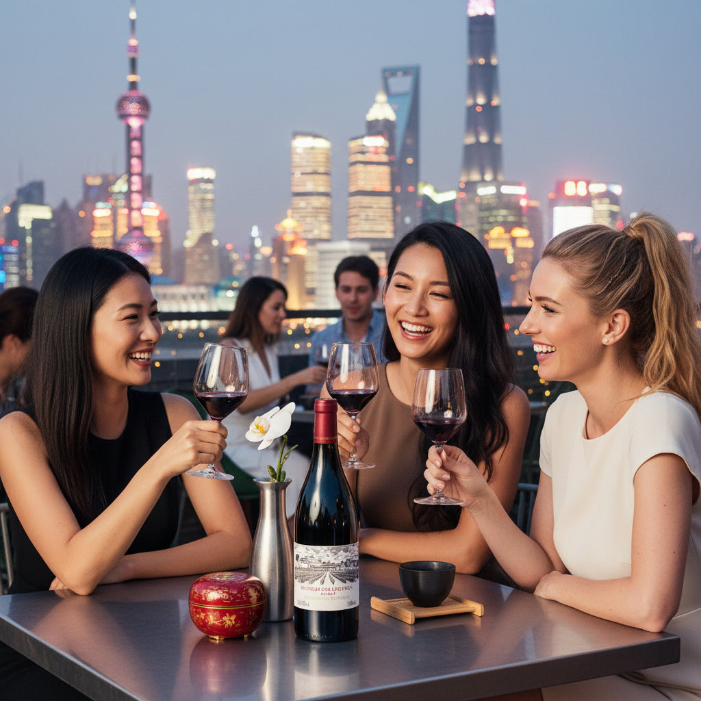 Load image into Gallery viewer, Three women enjoying a bottle of Chateau Rongzi COLLECTION Cuvée I red wine with a city skyline in the background