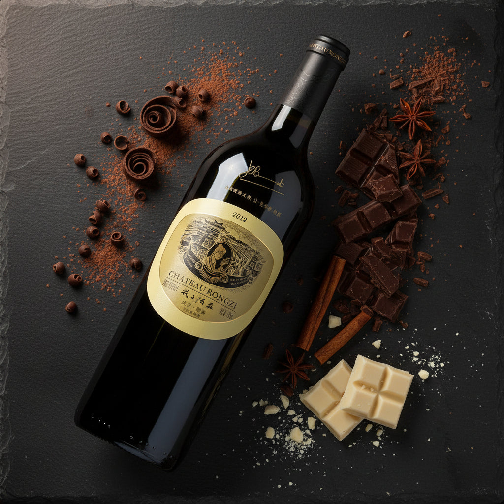 Load image into Gallery viewer, Bottle of Chateau Rongzi Yellow Label red  wine with chocolate and spices on a dark surface