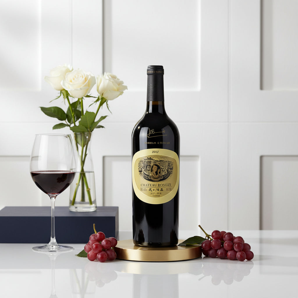 Load image into Gallery viewer, Bottle of Chateau Rongzi Yellow Label red  wine with a glass of red wine, grapes, and flowers on a white surface.