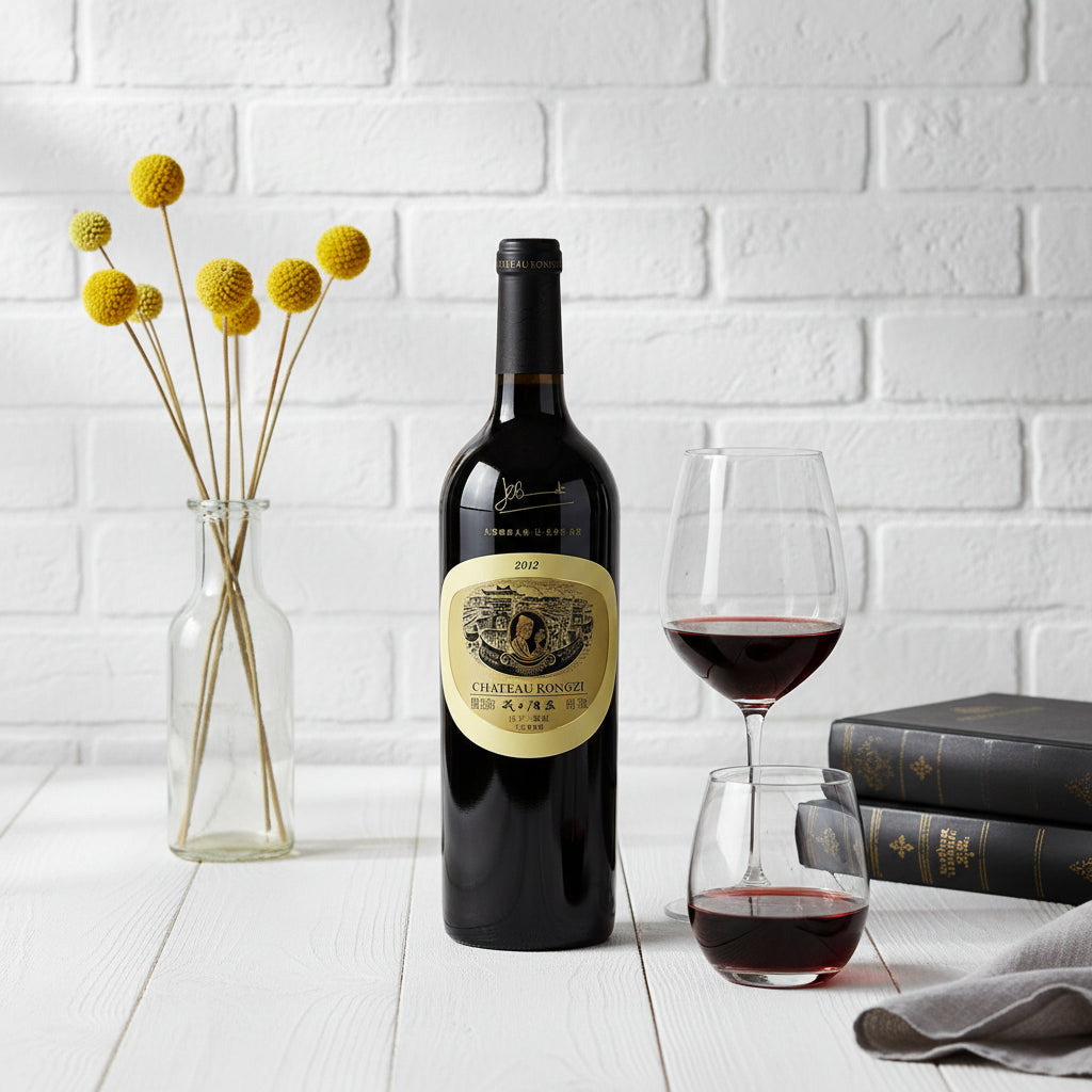 Load image into Gallery viewer, Bottle of Chateau Rongzi Yellow Label red  wine with a glass on a white brick wall background