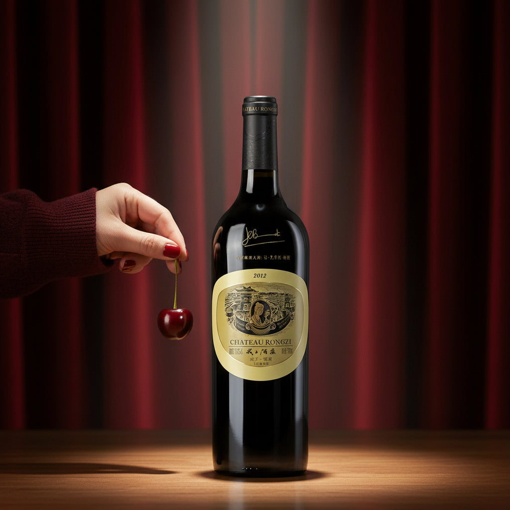 Load image into Gallery viewer, Bottle of Chateau Rongzi Yellow Label red  wine with a hand holding a cherry against a red curtain background