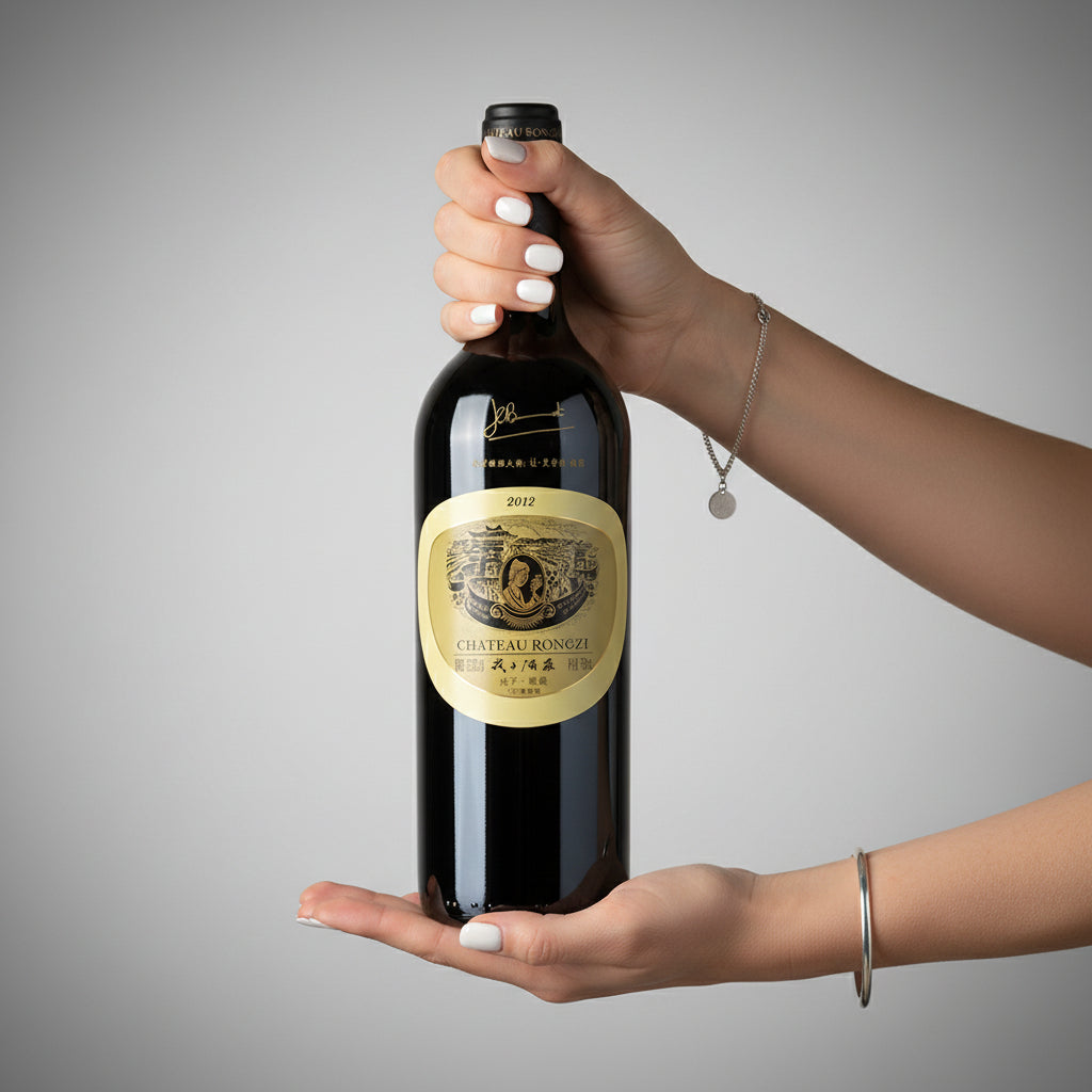 Load image into Gallery viewer, Hand holding a bottle of Chateau Rongzi Yellow Label red  wine against a grey background
