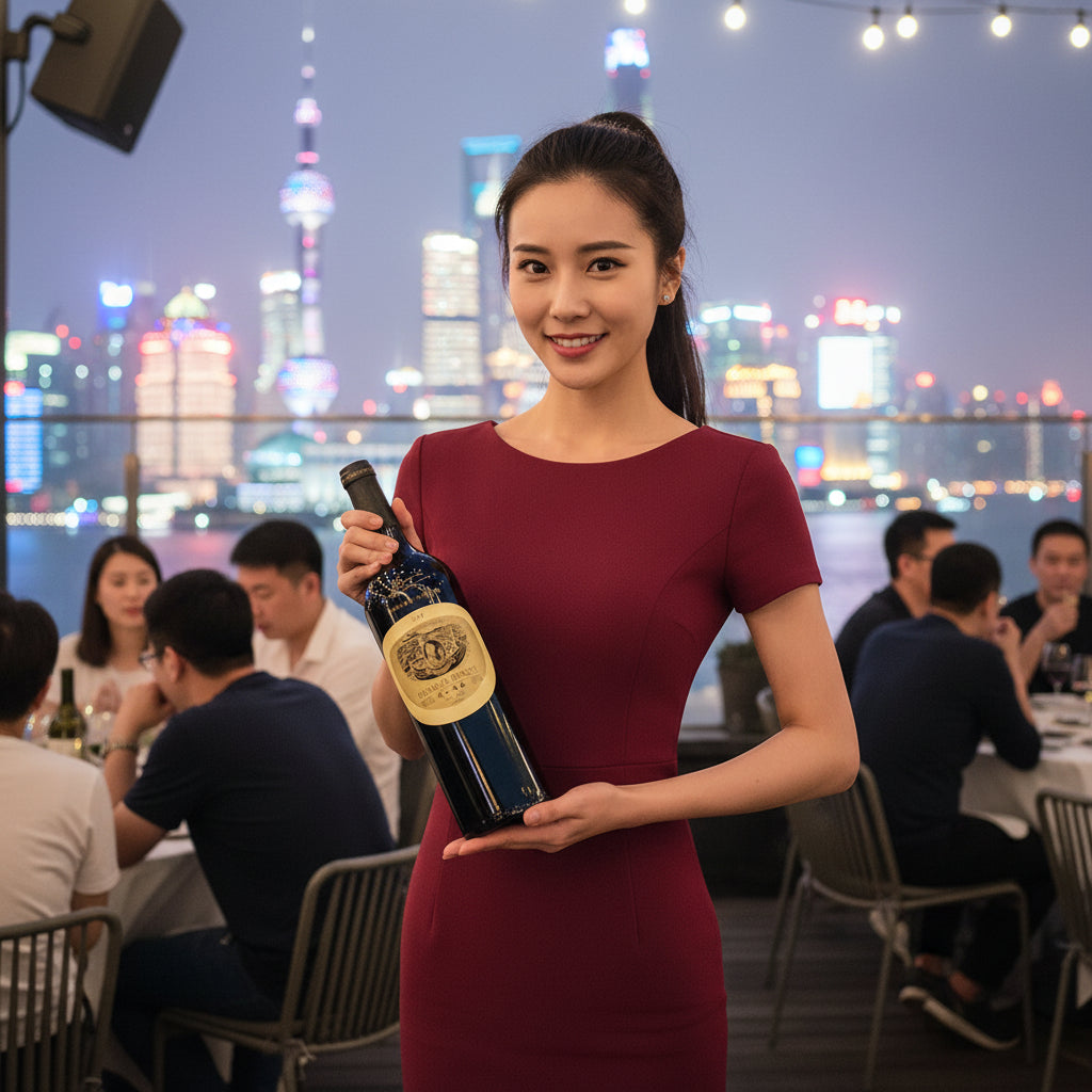 Load image into Gallery viewer, Woman in a red dress holding a Chateau Rongzi Yellow Label red wine bottle with a city skyline in the background