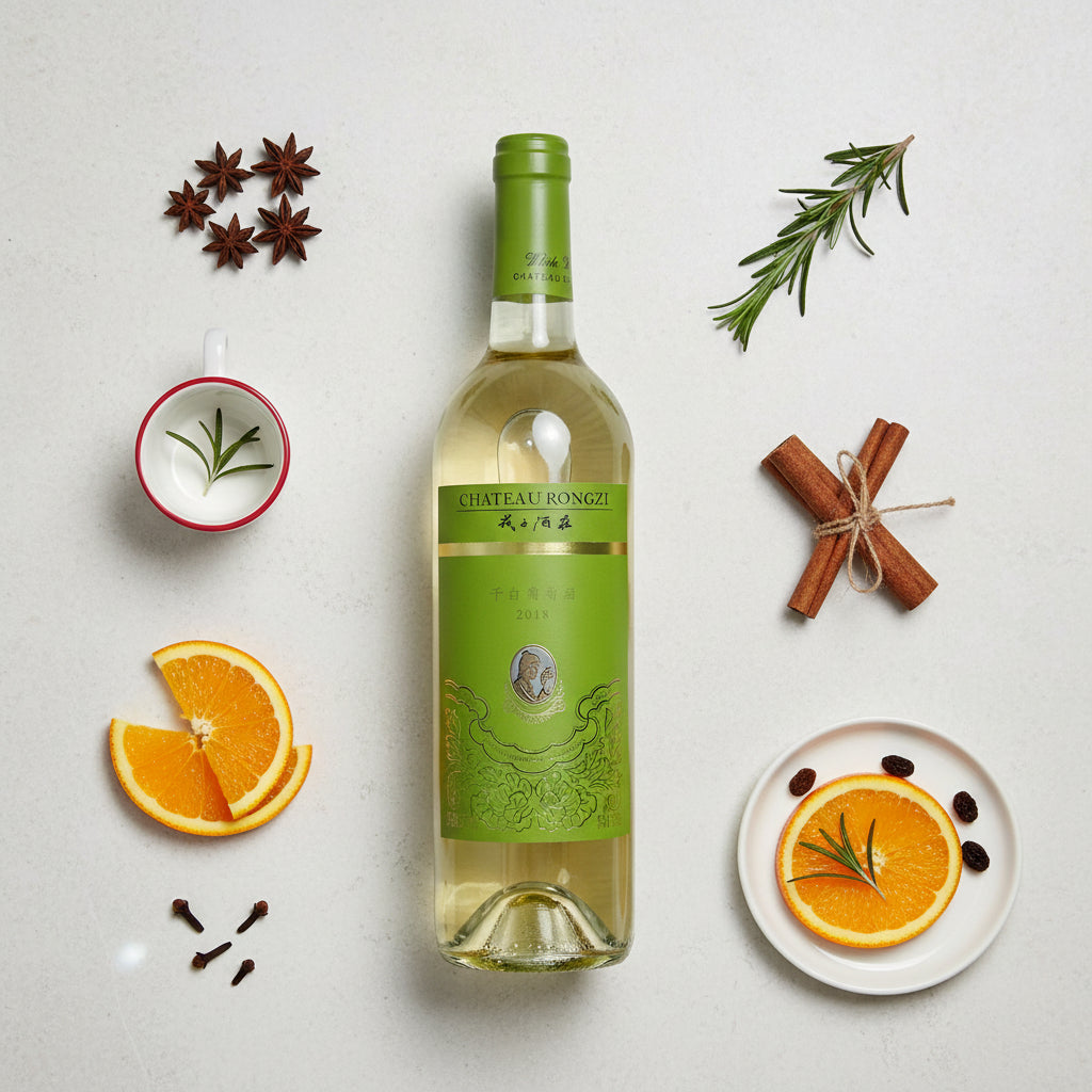 Load image into Gallery viewer, Bottle of Chateau Rongzi reisling white wine with green label surrounded by orange slices, cinnamon sticks, and star anise on a light background