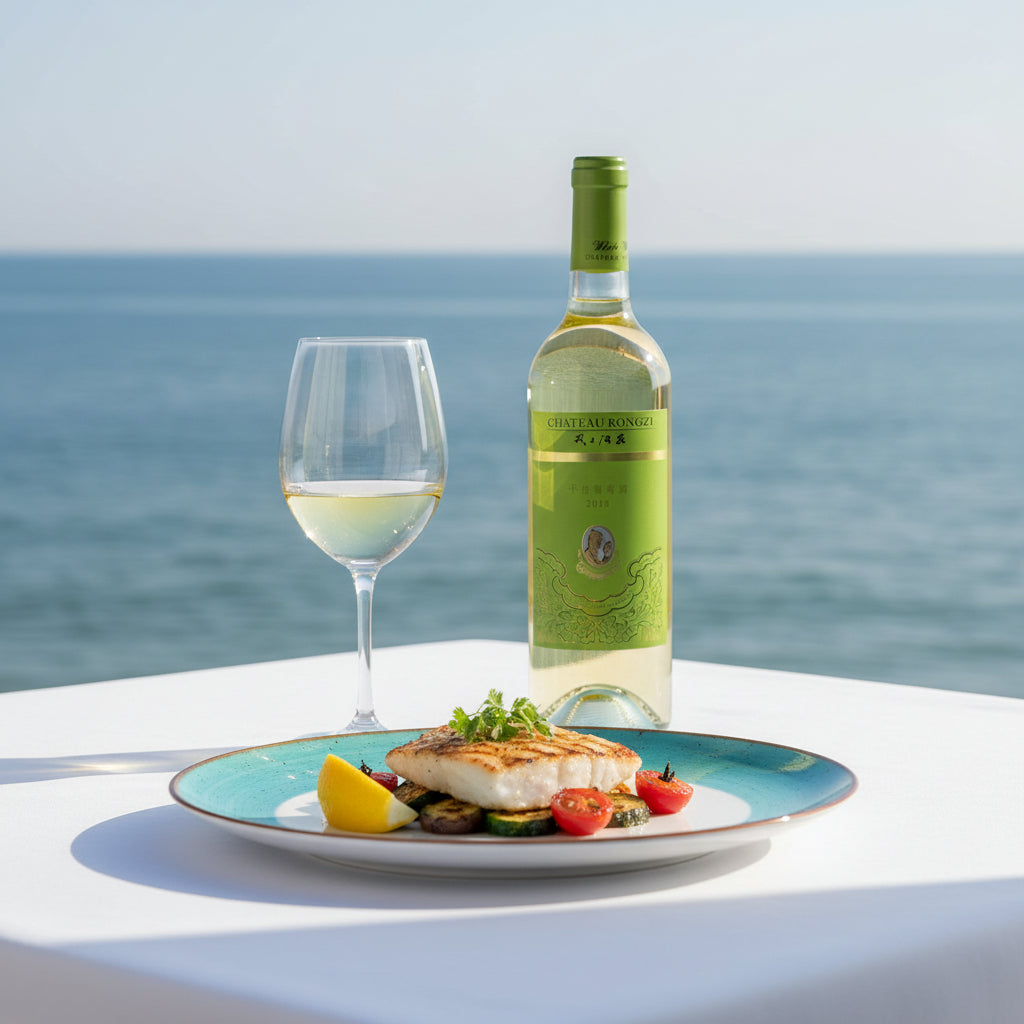 Load image into Gallery viewer, Bottle of Chateau Rongzi reisling white wine, glass, and plate with food on a table by the ocean