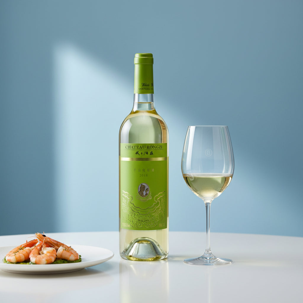 Load image into Gallery viewer, Bottle of Chateau Rongzi reisling white wine with a glass and plate of shrimp on a light blue background