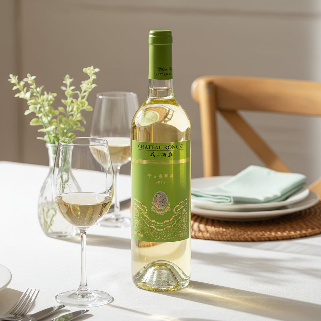 Load image into Gallery viewer, Bottle of Chateau Rongzi reisling white wine with two glasses on a table setting.