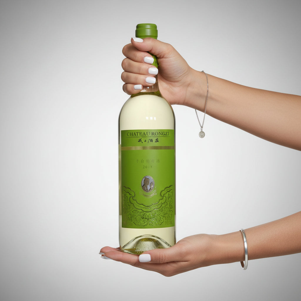 Load image into Gallery viewer, Hand holding a bottle of Chateau Rongzi reisling white wine with a green label against a gray background
