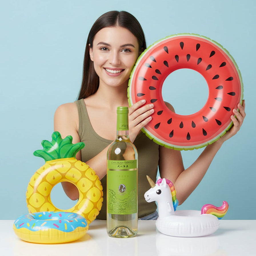Load image into Gallery viewer, Woman holding a watermelon inflatable ring with pool floaties and a bottle of Chateau Rongzi reisling white wine on a light blue background