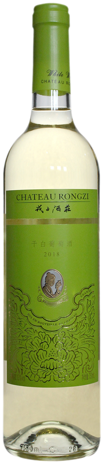 Chateau Rongzi Riesling white wine bottle with green label on a white background