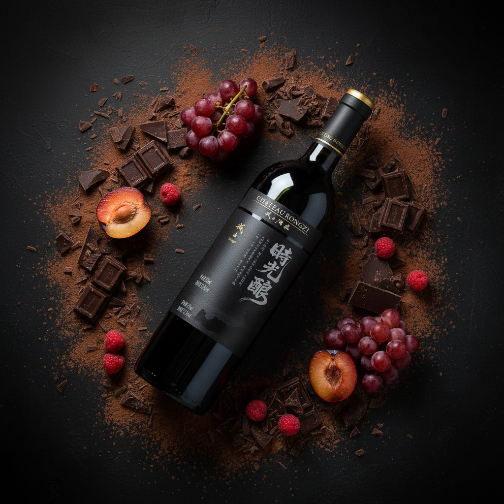 Load image into Gallery viewer, A bottle of Chateau Rongzi Cabernet Franc red wine surrounded by chocolate, grapes, and apricots on a dark surface