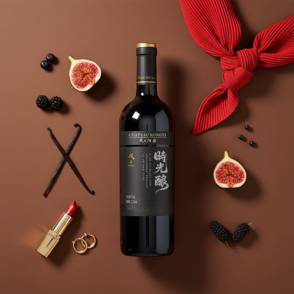 Load image into Gallery viewer, A bottle of Chateau Rongzi Cabernet Franc red wine with decorative elements on a brown background