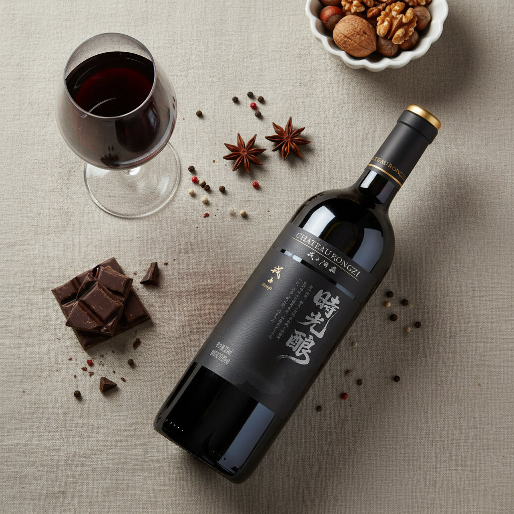 Load image into Gallery viewer, Chateau Rongzi Cabernet Franc red wine bottle with glass, chocolate, and nuts on a textured surface