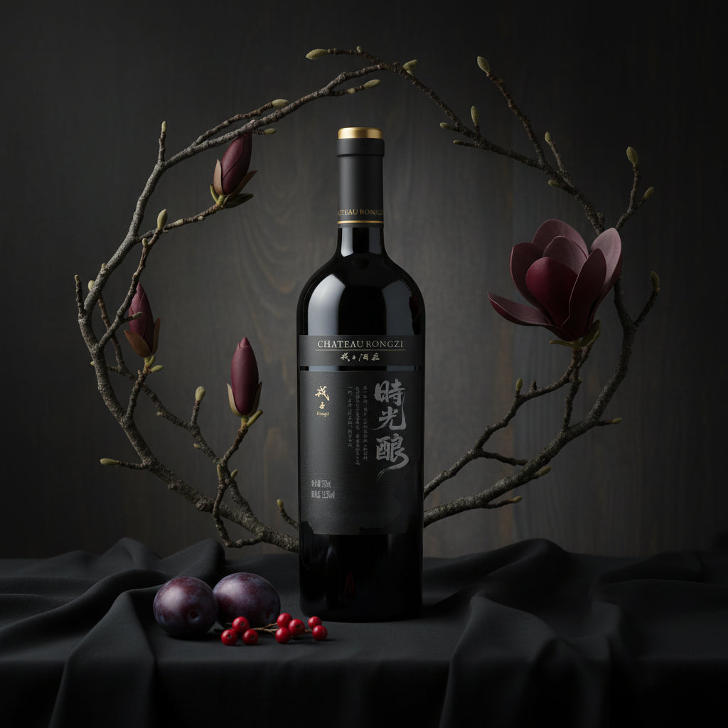 Load image into Gallery viewer, Chateau Rongzi Cabernet Franc red wine bottle with a dark label on a black cloth with purple flowers and fruits.