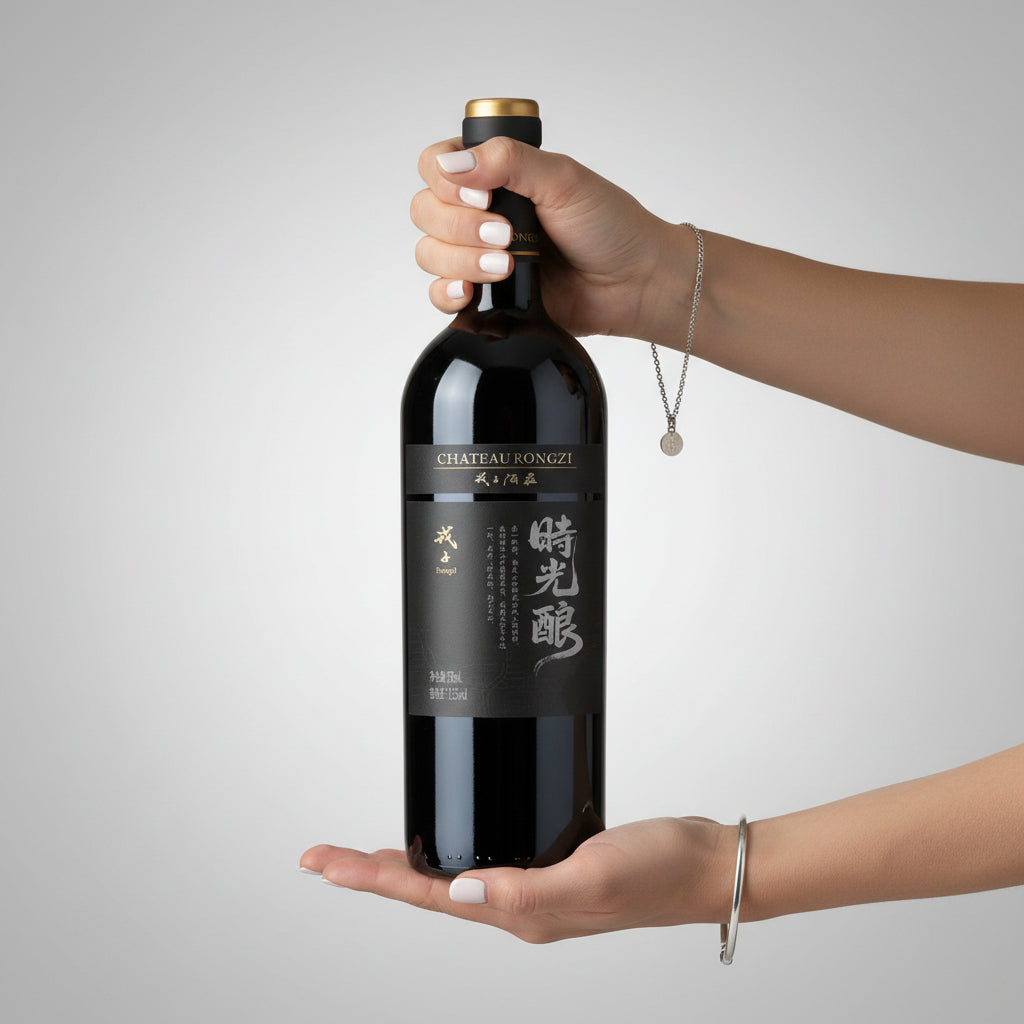 Load image into Gallery viewer, Woman hands holding a bottle of Chateau Rongzi Cabernet Franc red wine against a grey background