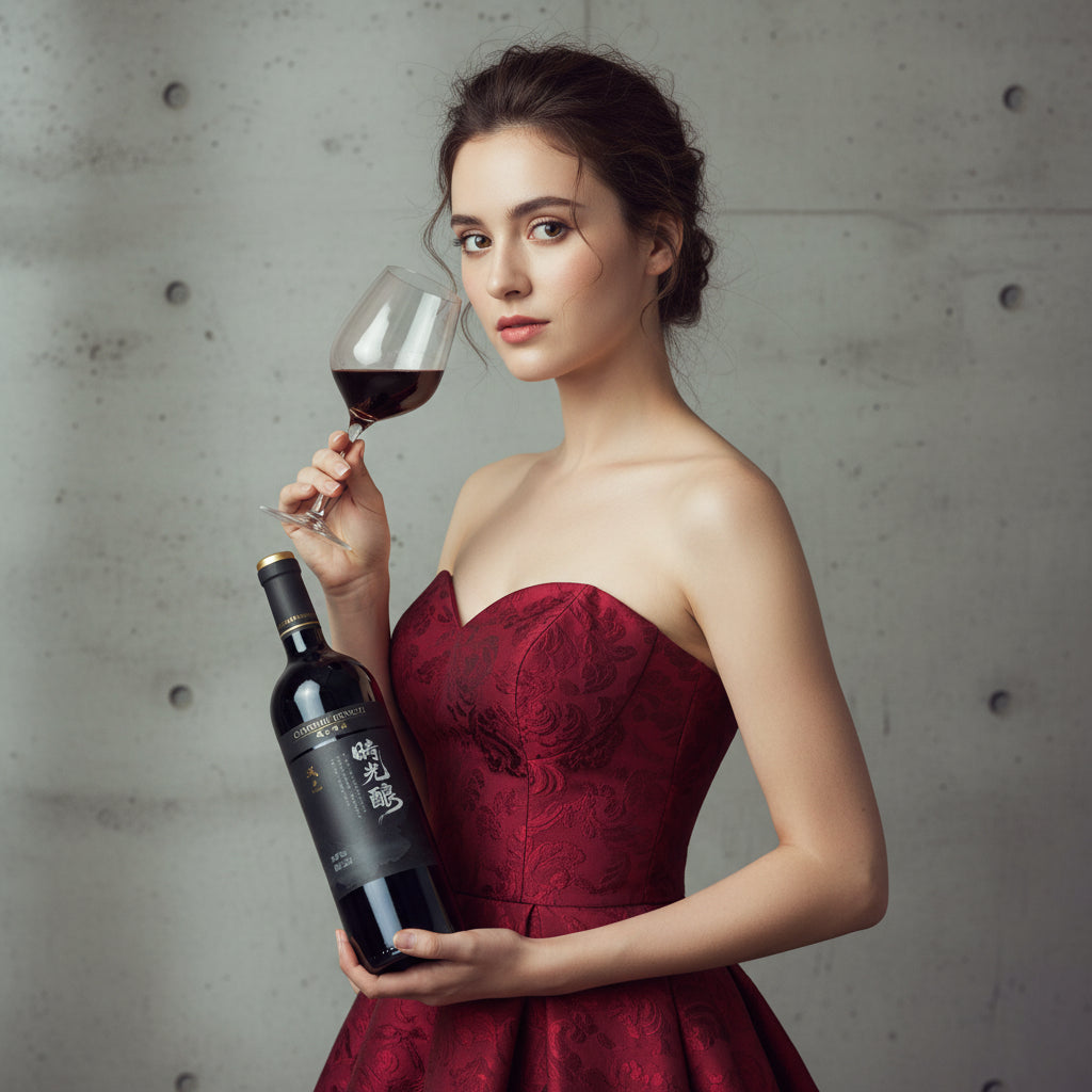 Load image into Gallery viewer, Woman in a red dress holding a bottle of Chateau Rongzi Cabernet Franc red wine and glass of red wine against a concrete wall.