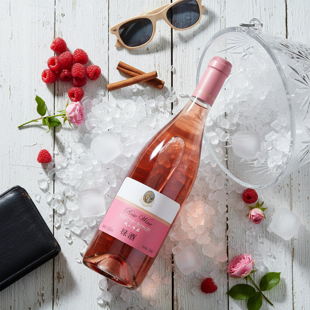 Load image into Gallery viewer, Bottle of Chateau Rongzi Fresh Light Soft Rose wine on ice with raspberries, sunglasses, and a wallet on a wooden surface.