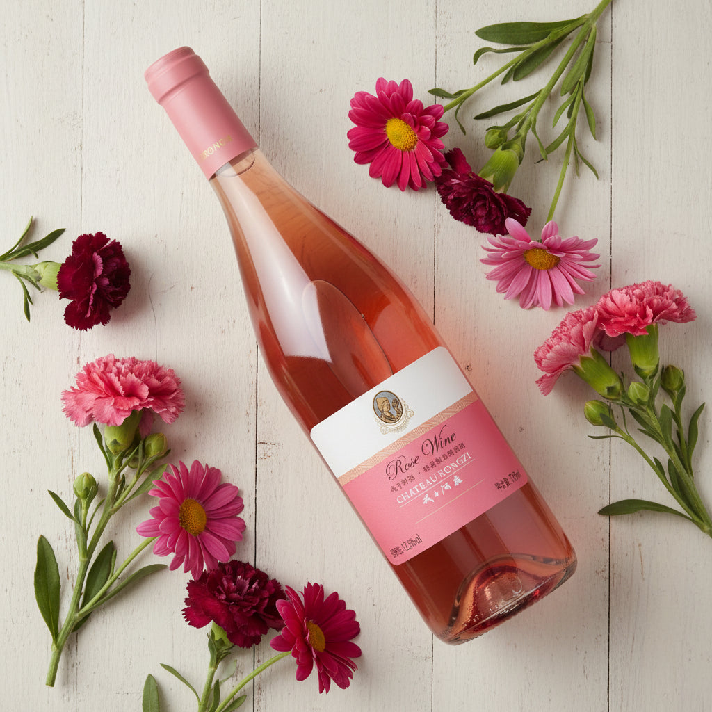 Load image into Gallery viewer, Bottle of Chateau Rongzi Fresh Light Soft Rose wine with flowers on a light wooden surface