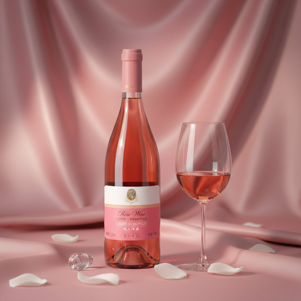 Load image into Gallery viewer, Chateau Rongzi Fresh Light Soft Rose bottle and glass of rose wine on a pink fabric background