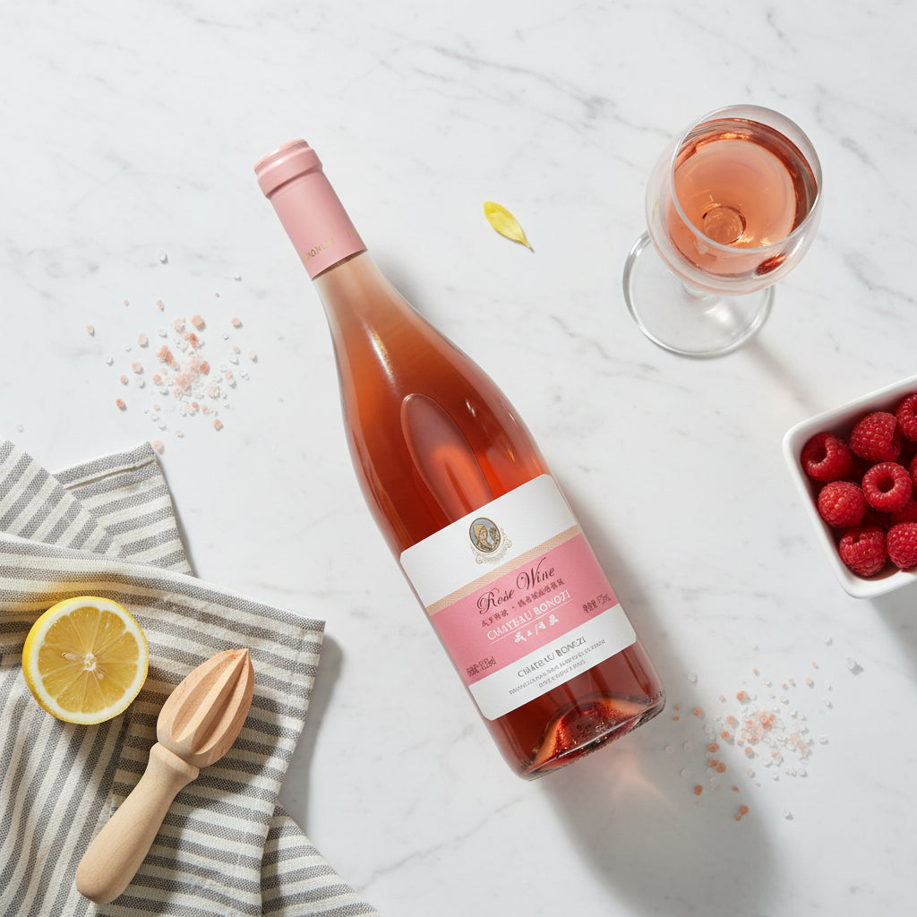 Load image into Gallery viewer, Bottle of Chateau Rongzi Fresh Light Soft Rose wine with a glass, lemon, and raspberries on a marble surface