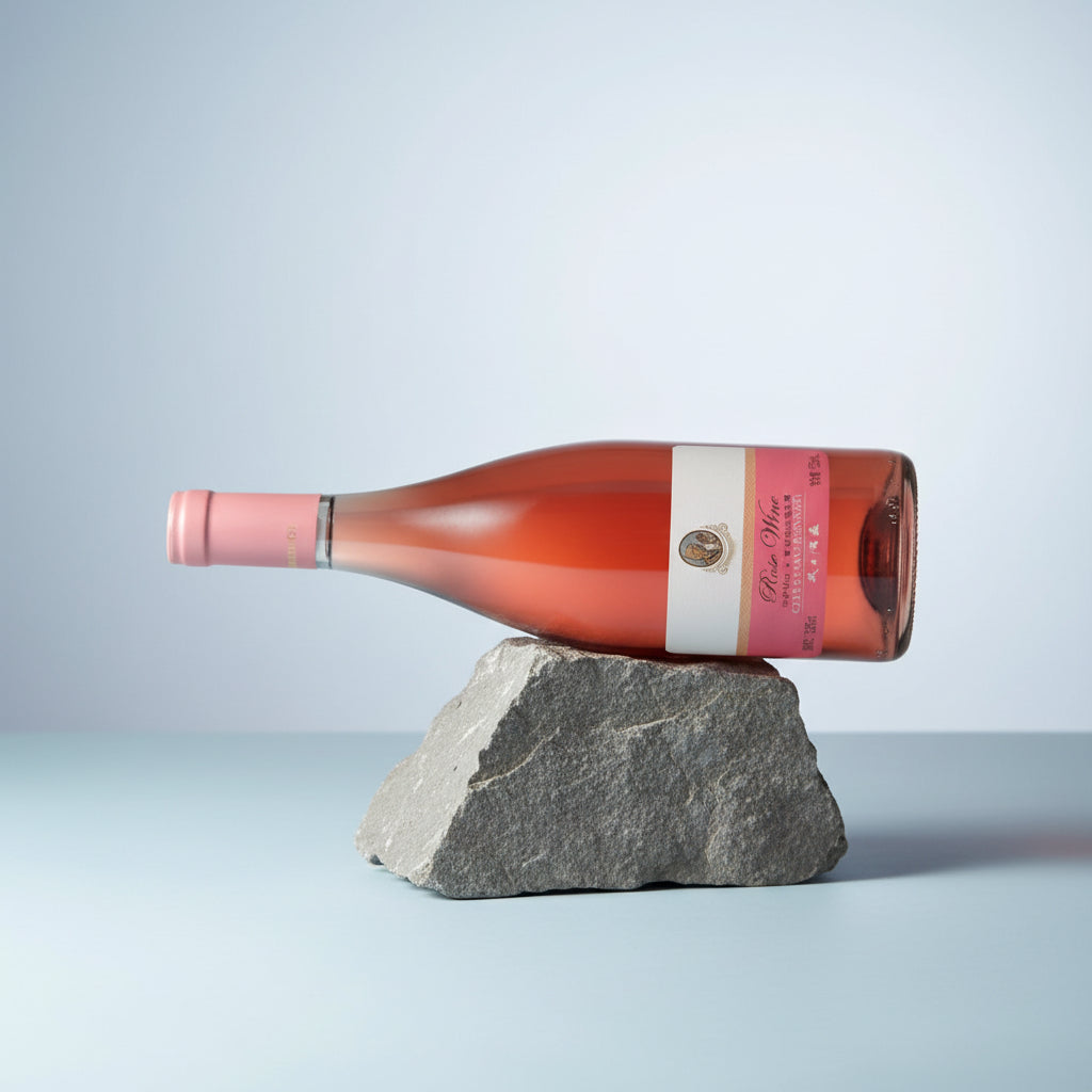 Load image into Gallery viewer, Chateau Rongzi Fresh Light Soft Rose wine bottle on a stone block against a light blue background
