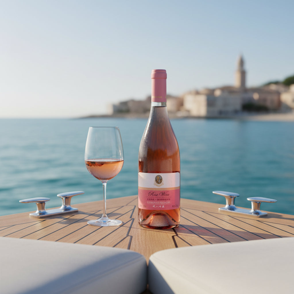 Load image into Gallery viewer, Chateau Rongzi Fresh Light Soft Rose bottle and glass of rose wine on a boat with a scenic background