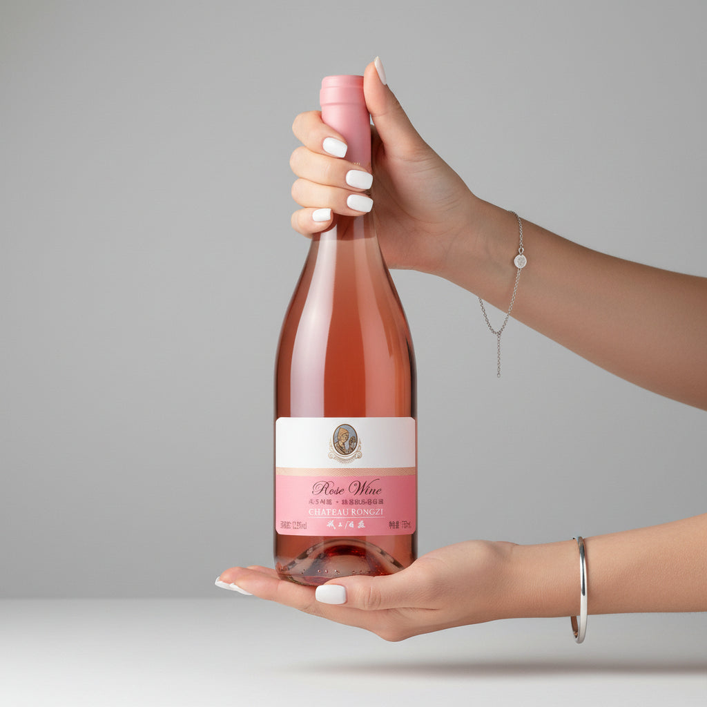 Load image into Gallery viewer, Hand holding a bottle of Chateau Rongzi Fresh Light Soft Rose wine against a grey background