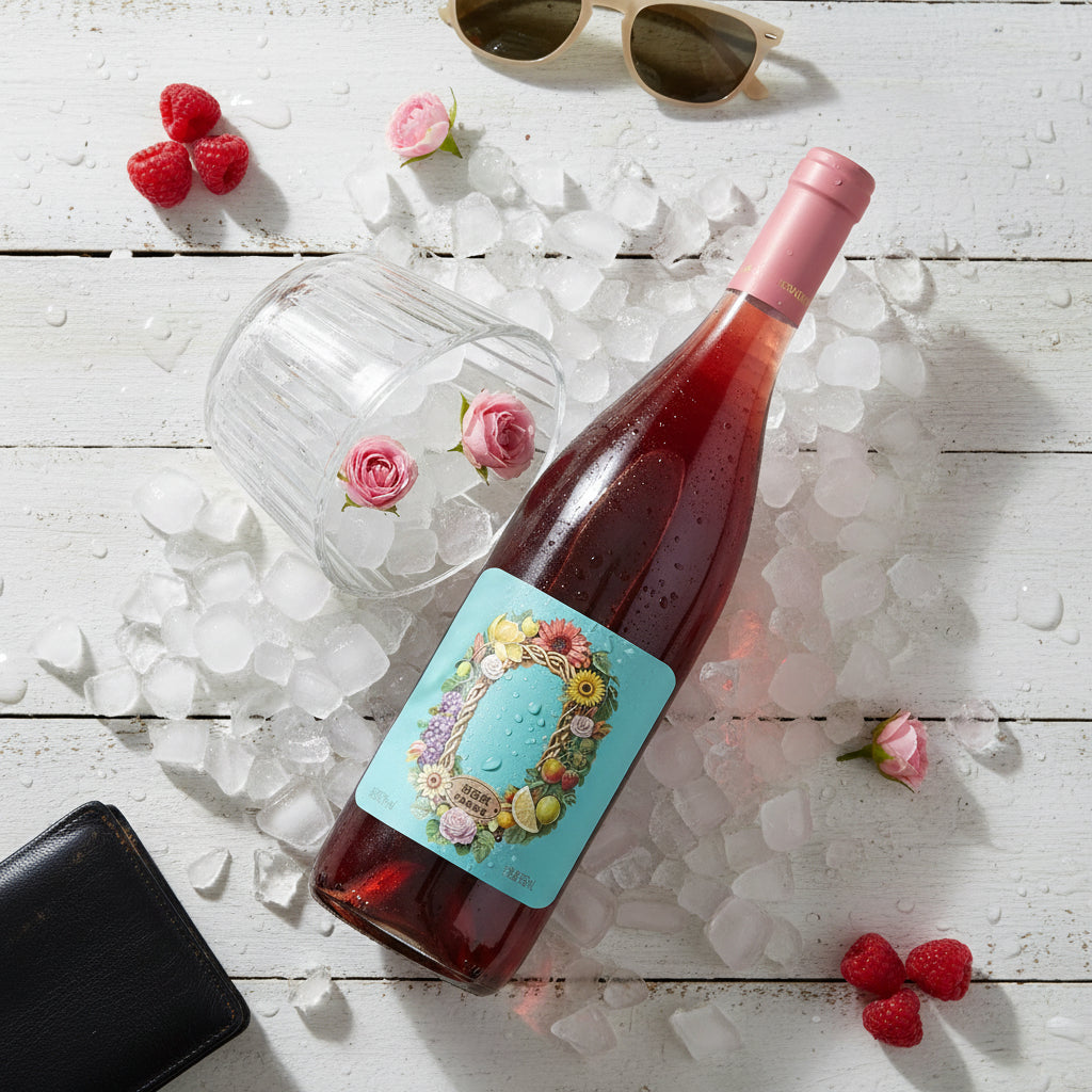 Load image into Gallery viewer, Bottle of Chateau Rongzi Sweet Blue Label Rose non alcoholic wine with a decorative label on a white wooden surface with ice, glasses, and berries.