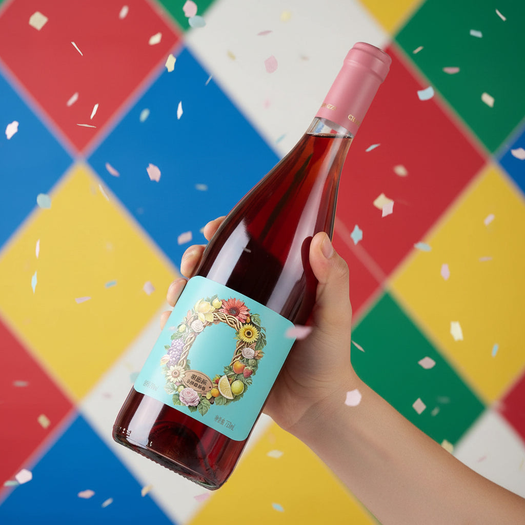 Load image into Gallery viewer, Bottle of Chateau Rongzi Sweet Blue Label Rose non alcoholic wine with a colourful label held against a multicoloured checkered background.